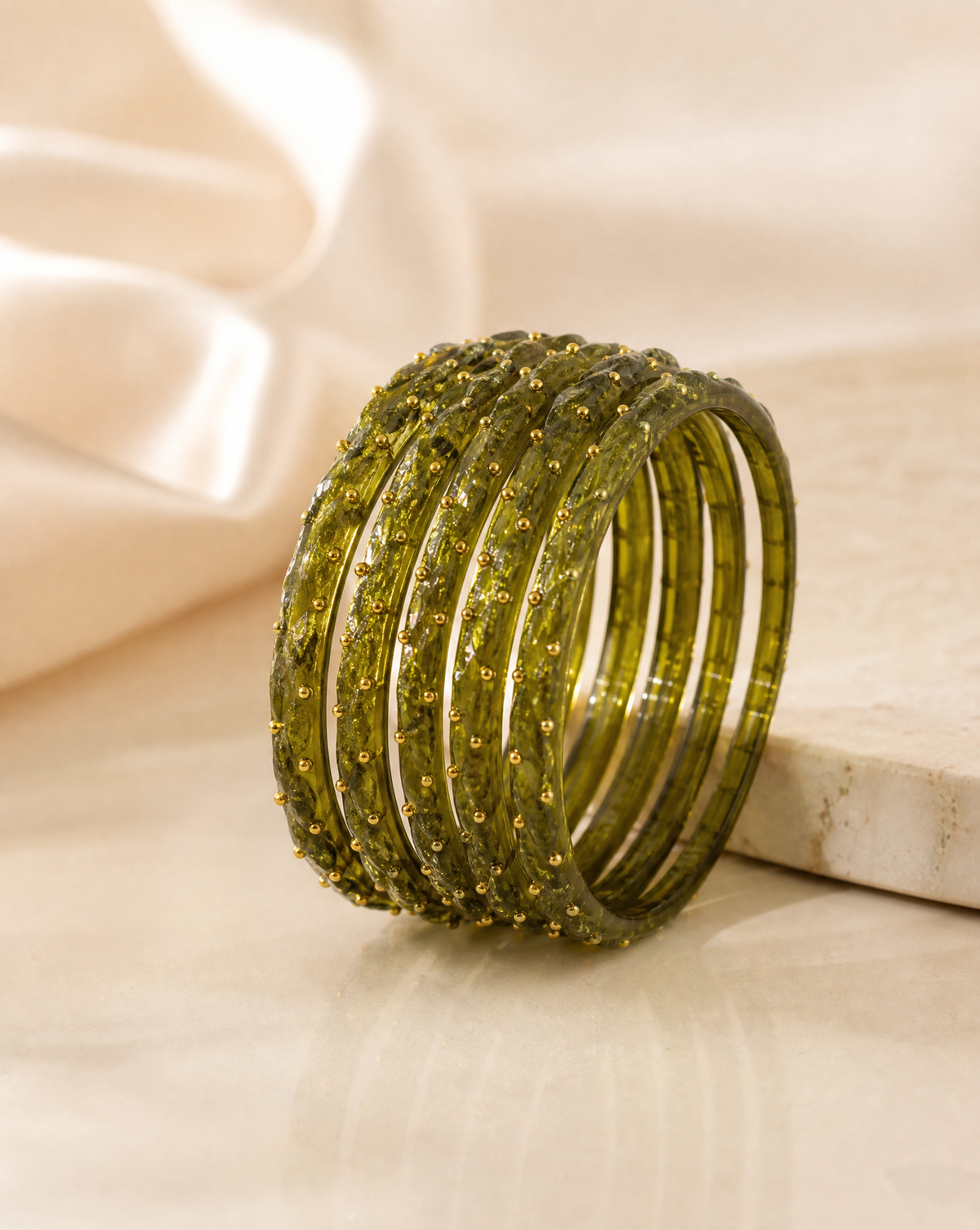Olive Green Glitter Glass Bangles (handmade)