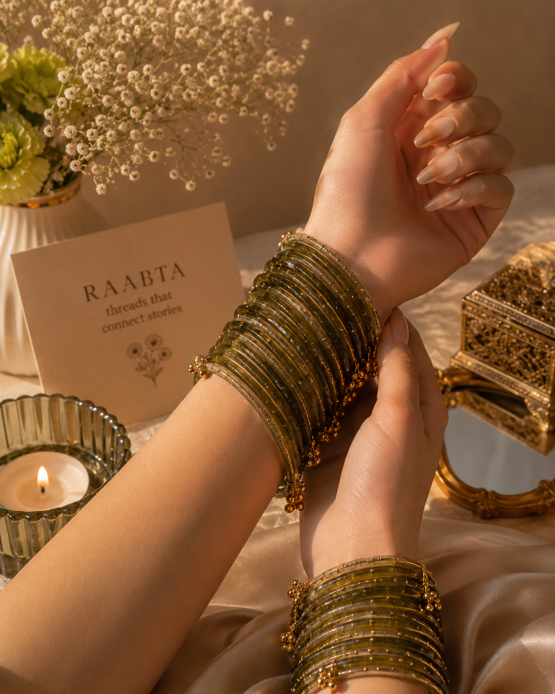 Olive Green Glitter Glass Bangles (handmade)