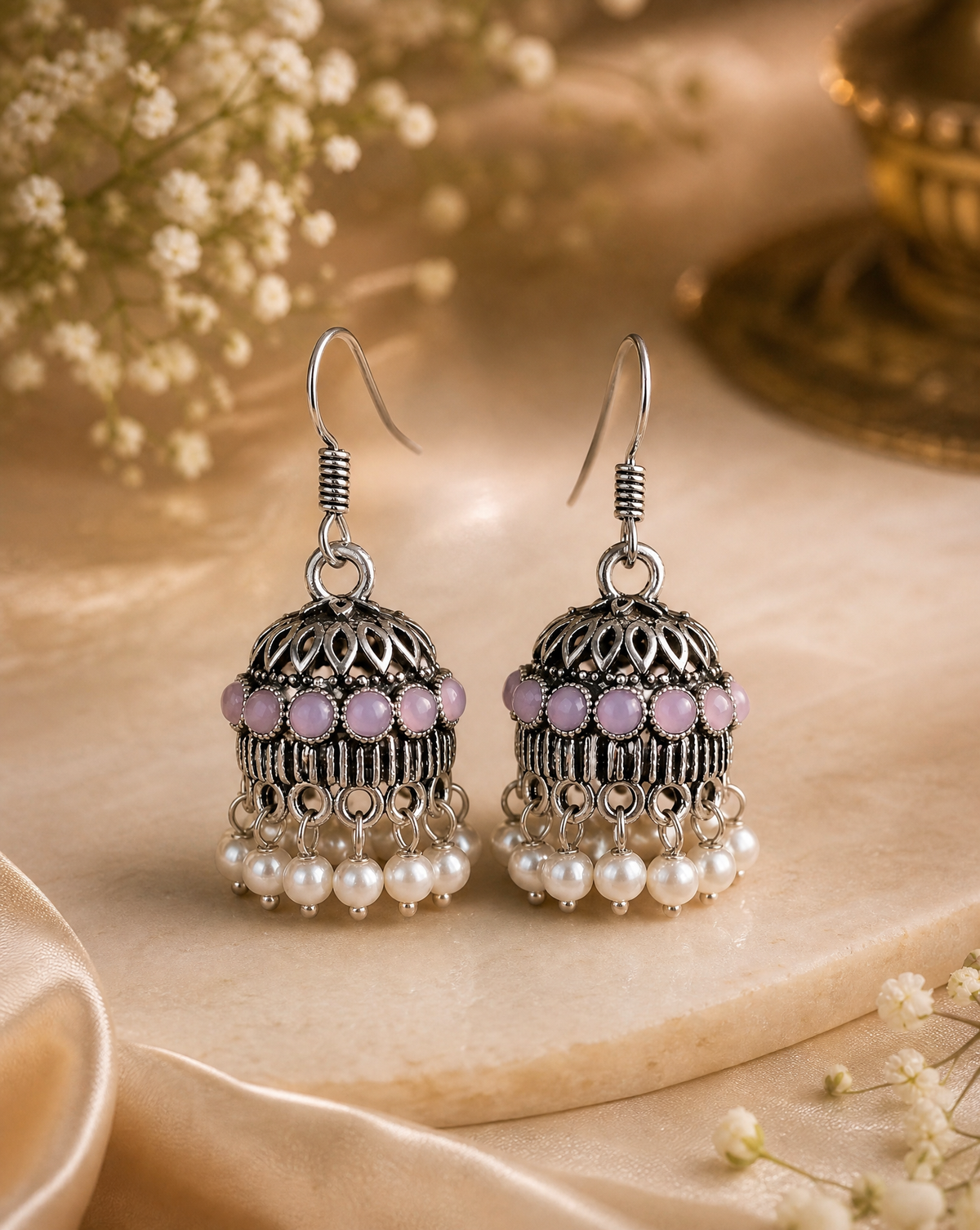 German Silver Jhumka Pink