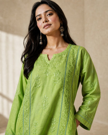 Ombre Floral Embroidered Suit Set Green
