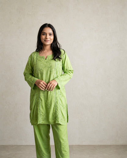 Ombre Floral Embroidered Suit Set Green