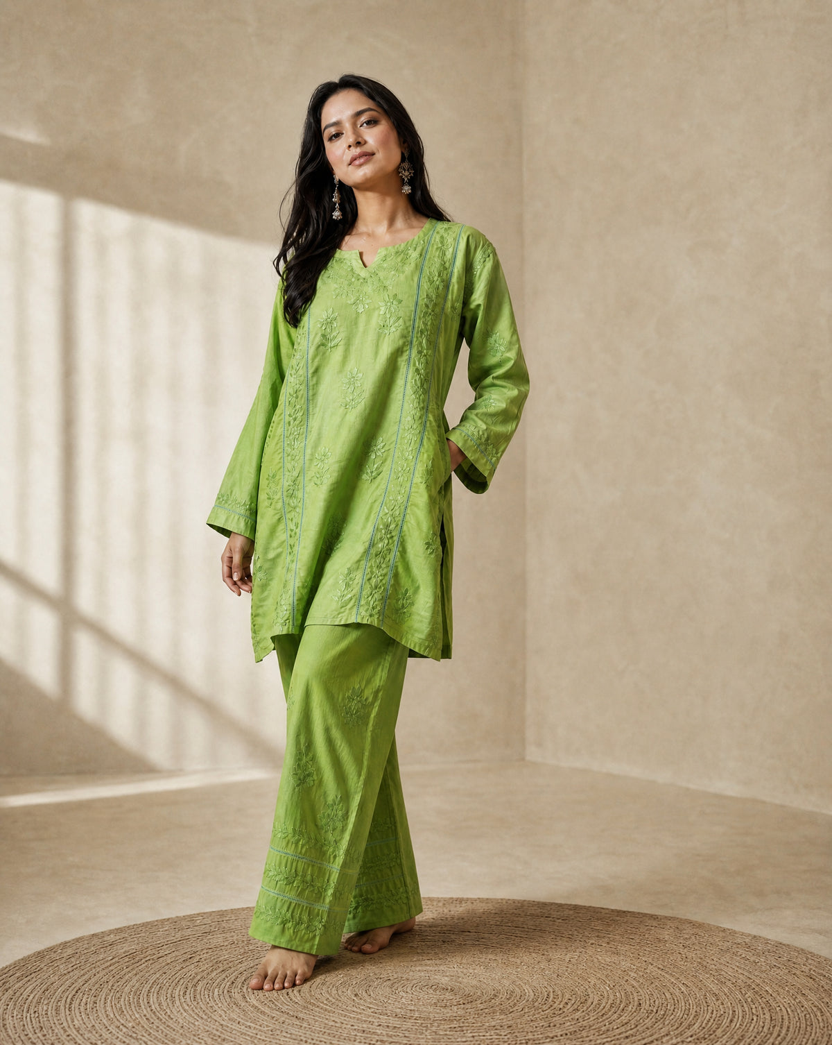 Ombre Floral Embroidered Suit Set Green