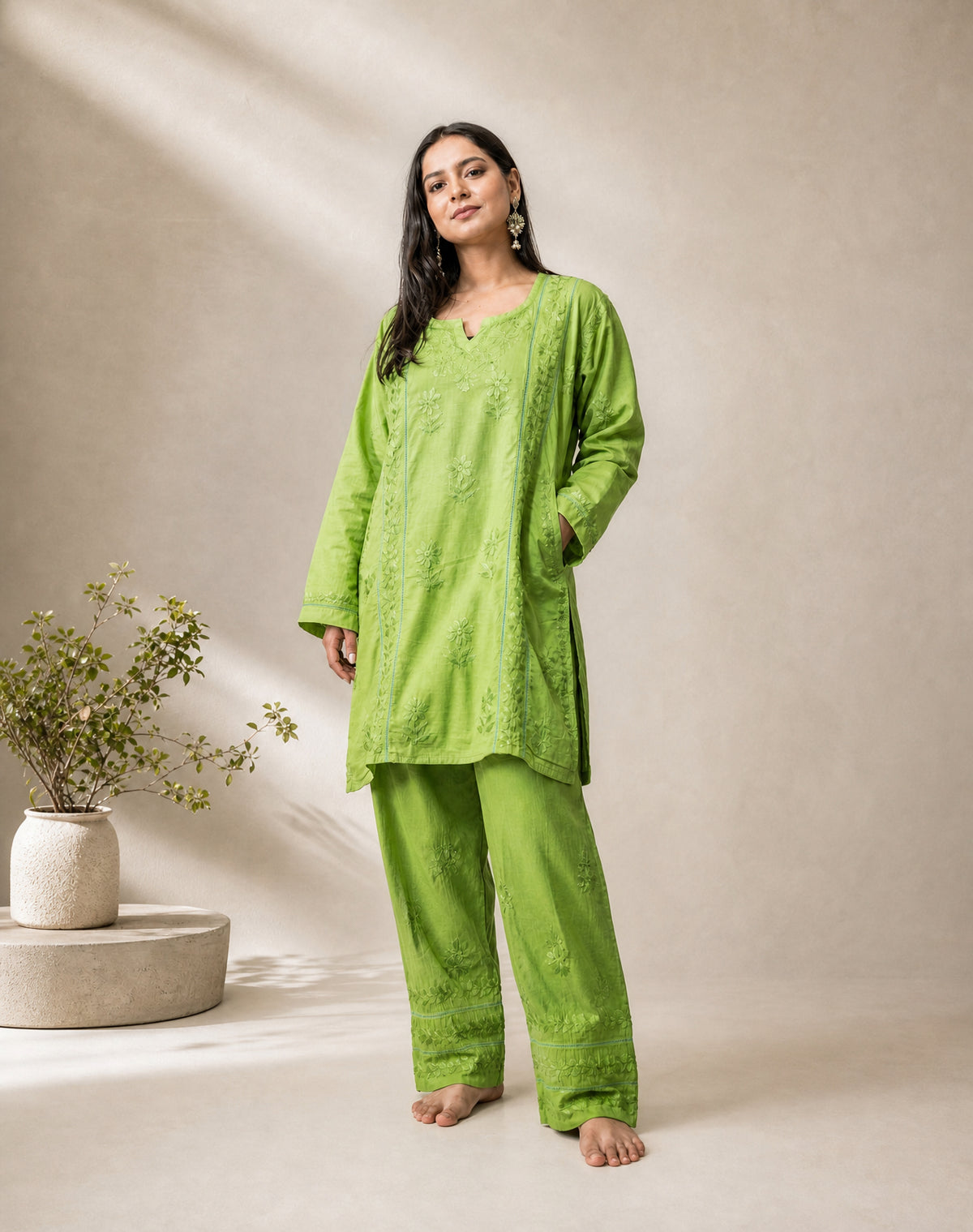 Ombre Floral Embroidered Suit Set Green