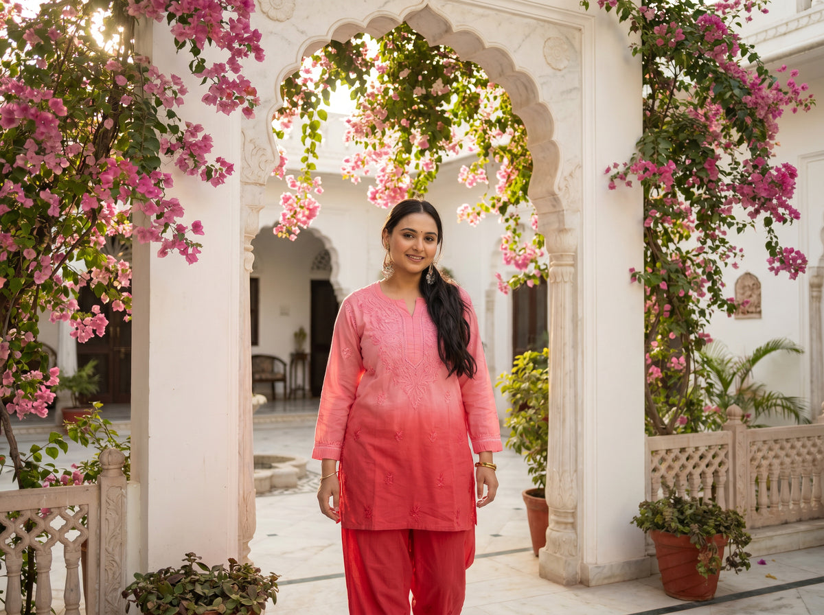 Ombre Floral Embroidered Suit Set Pink Red