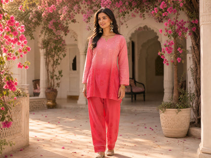 Ombre Floral Embroidered Suit Set Pink Red