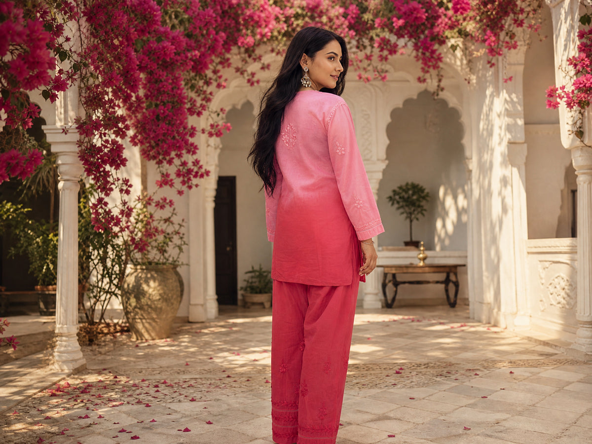 Ombre Floral Embroidered Suit Set Pink Red