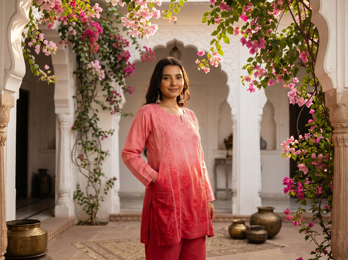 Ombre Floral Embroidered Suit Set Pink Red