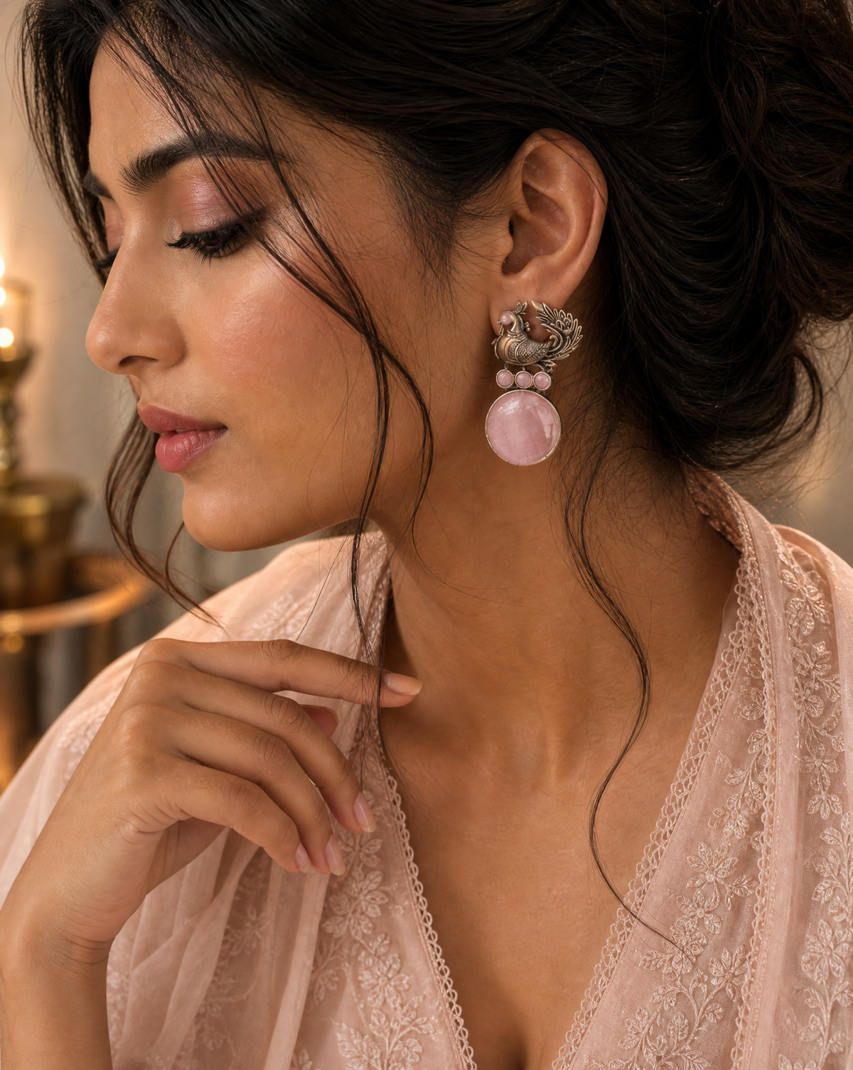 Peacock Stone Jhumka Pink