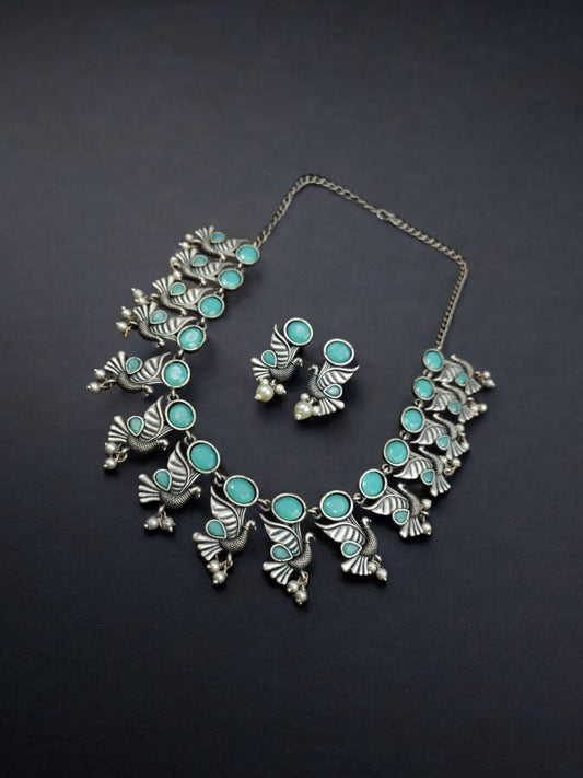 Oxidised Bird design Choker Necklace Set