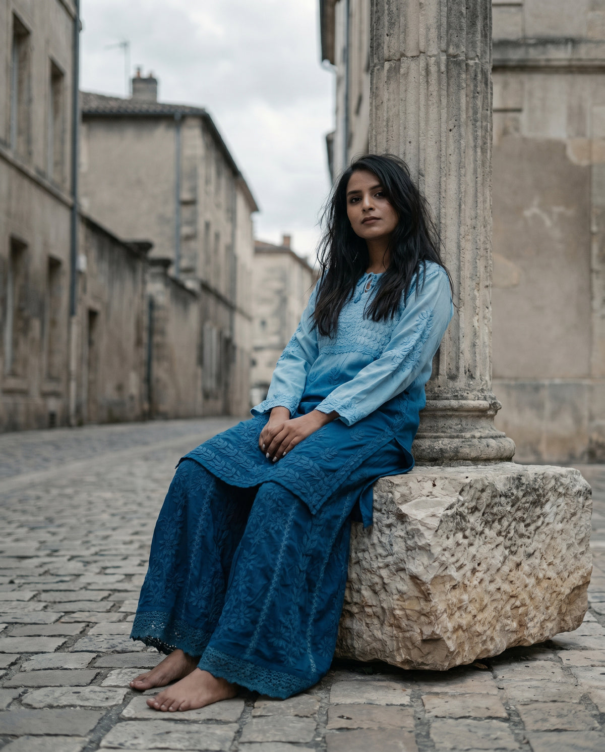 Relaxed Embroidered Shirt & Palazzo Set Blue