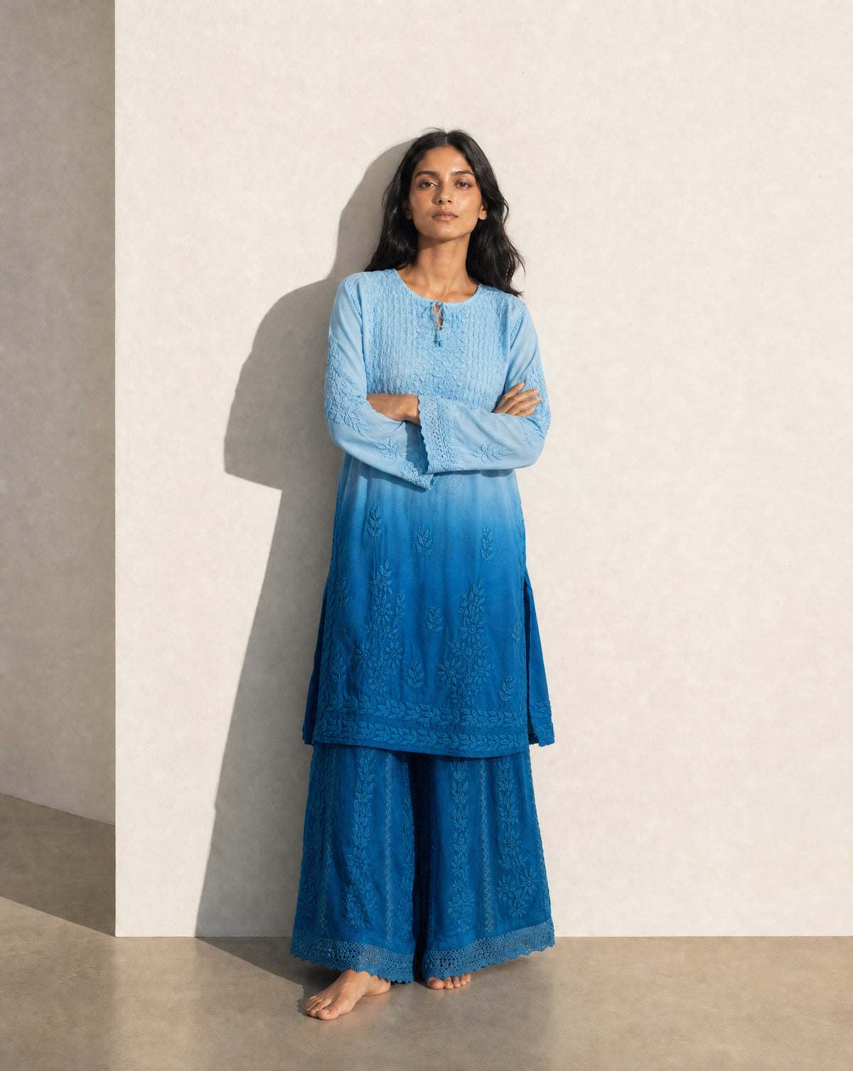 Relaxed Embroidered Shirt & Palazzo Set Blue