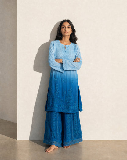 Relaxed Embroidered Shirt & Palazzo Set Blue