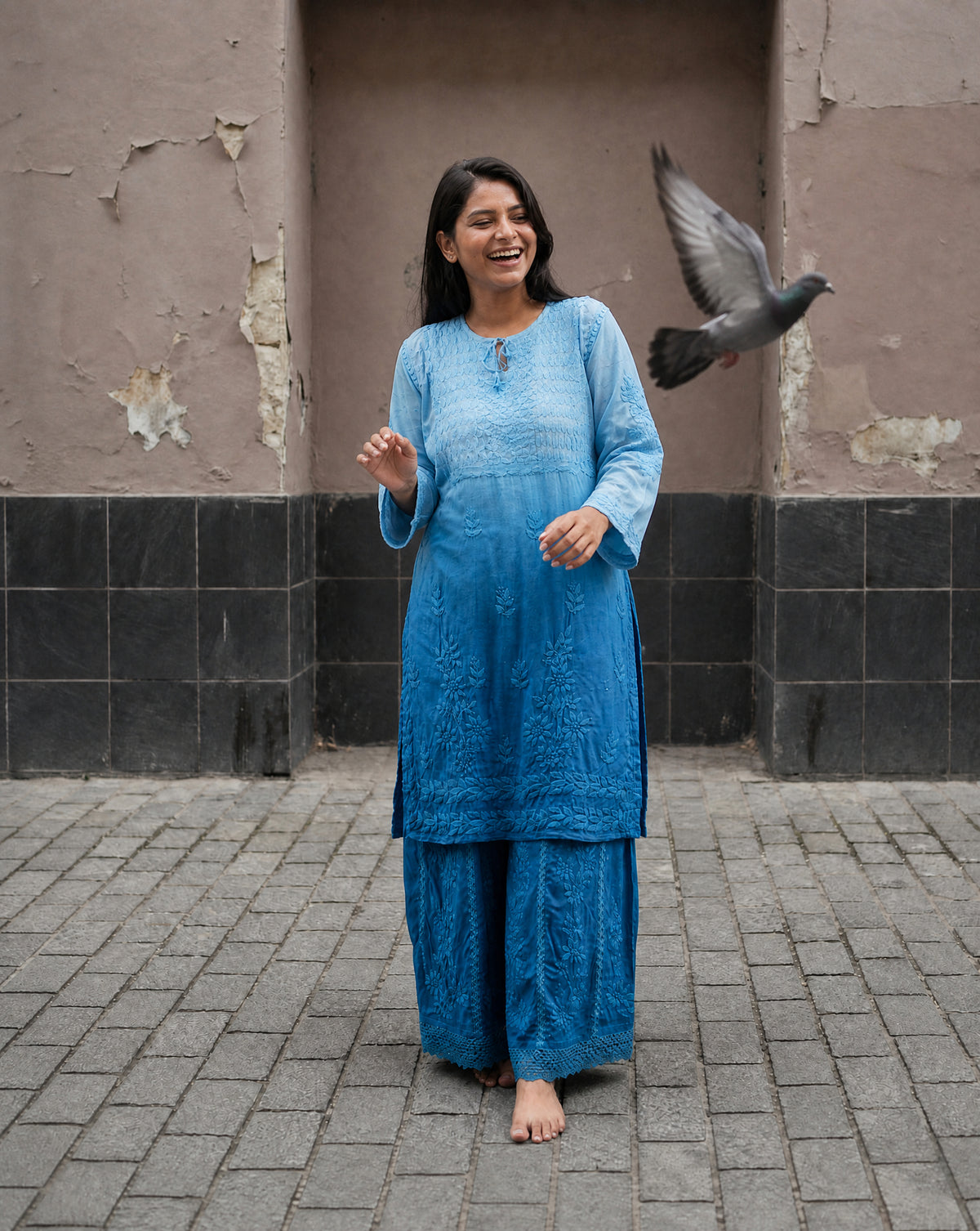 Relaxed Embroidered Shirt & Palazzo Set Blue