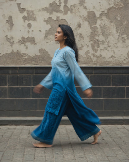 Relaxed Embroidered Shirt & Palazzo Set Blue