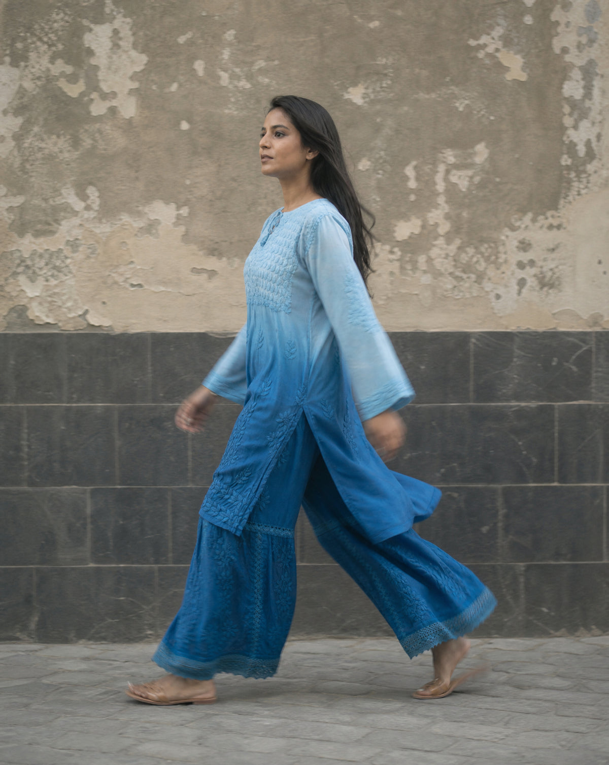 Relaxed Embroidered Shirt & Palazzo Set Blue