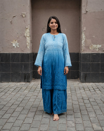 Relaxed Embroidered Shirt & Palazzo Set Blue