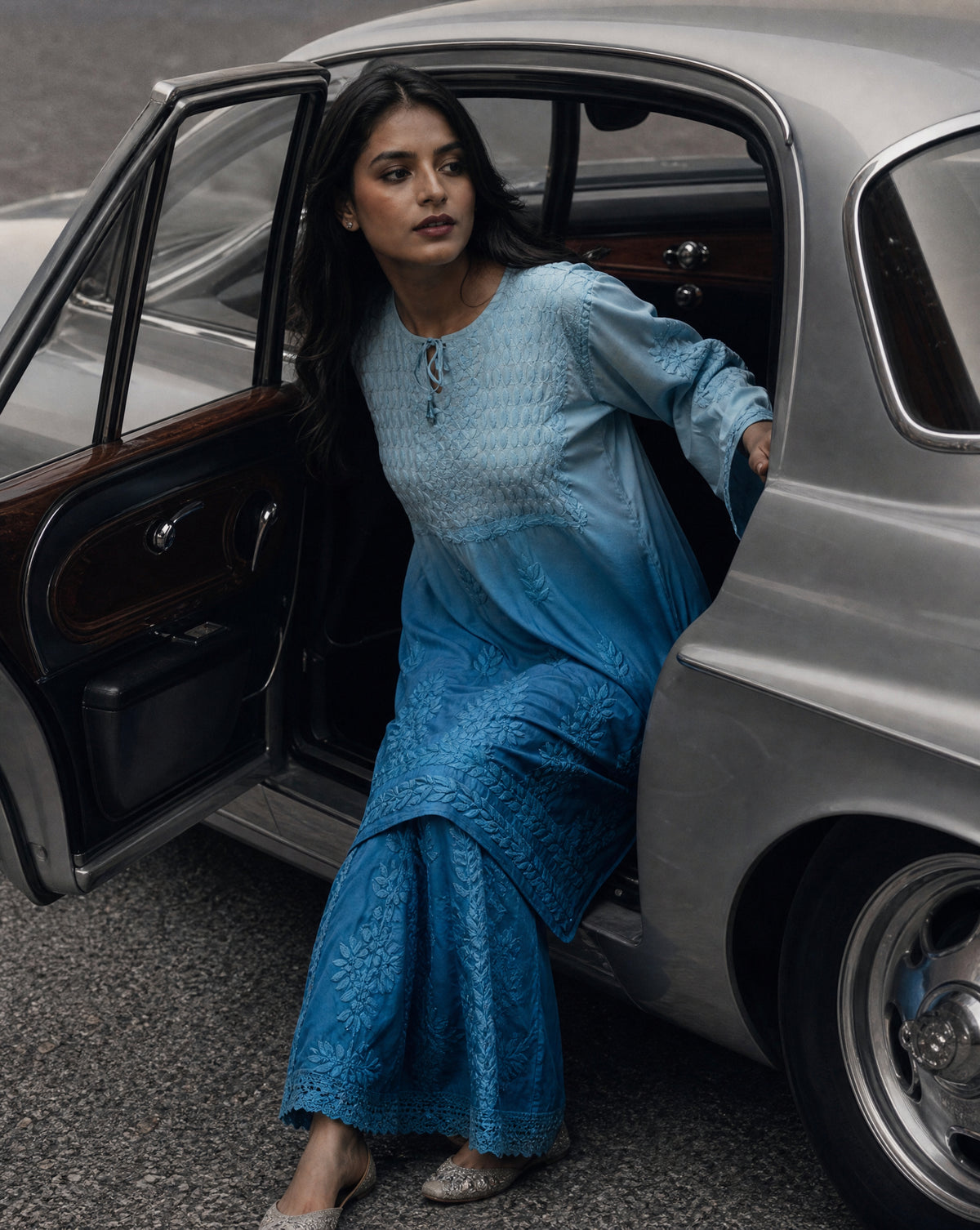 Relaxed Embroidered Shirt & Palazzo Set Blue