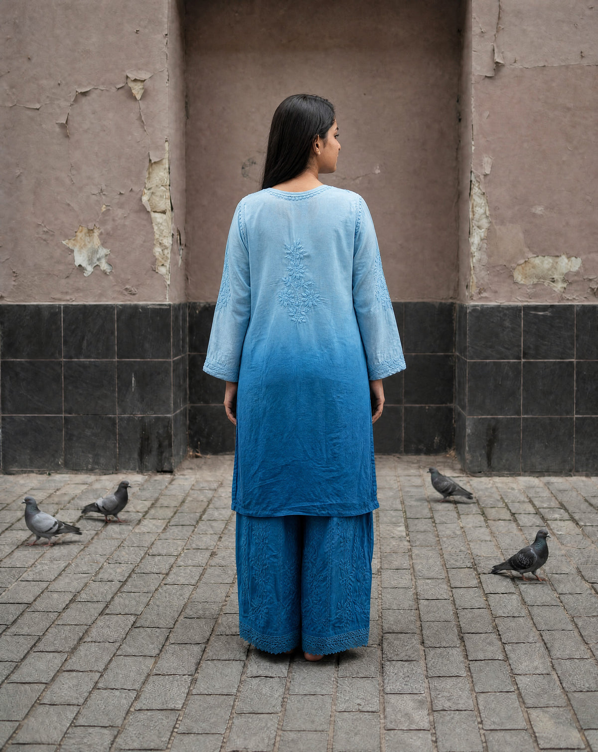 Relaxed Embroidered Shirt & Palazzo Set Blue