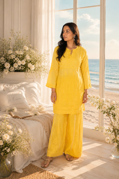 Relaxed Embroidered Shirt & Palazzo Set Yellow