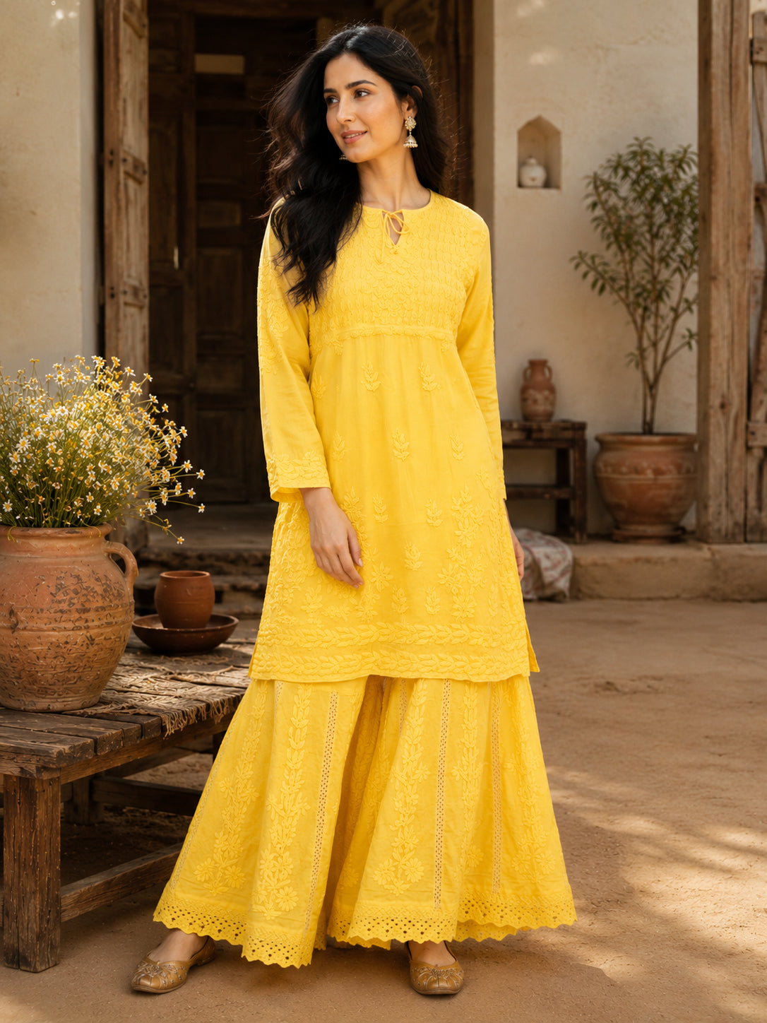 Relaxed Embroidered Shirt & Palazzo Set Yellow