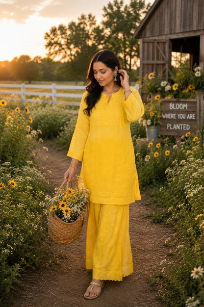 Relaxed Embroidered Shirt & Palazzo Set Yellow