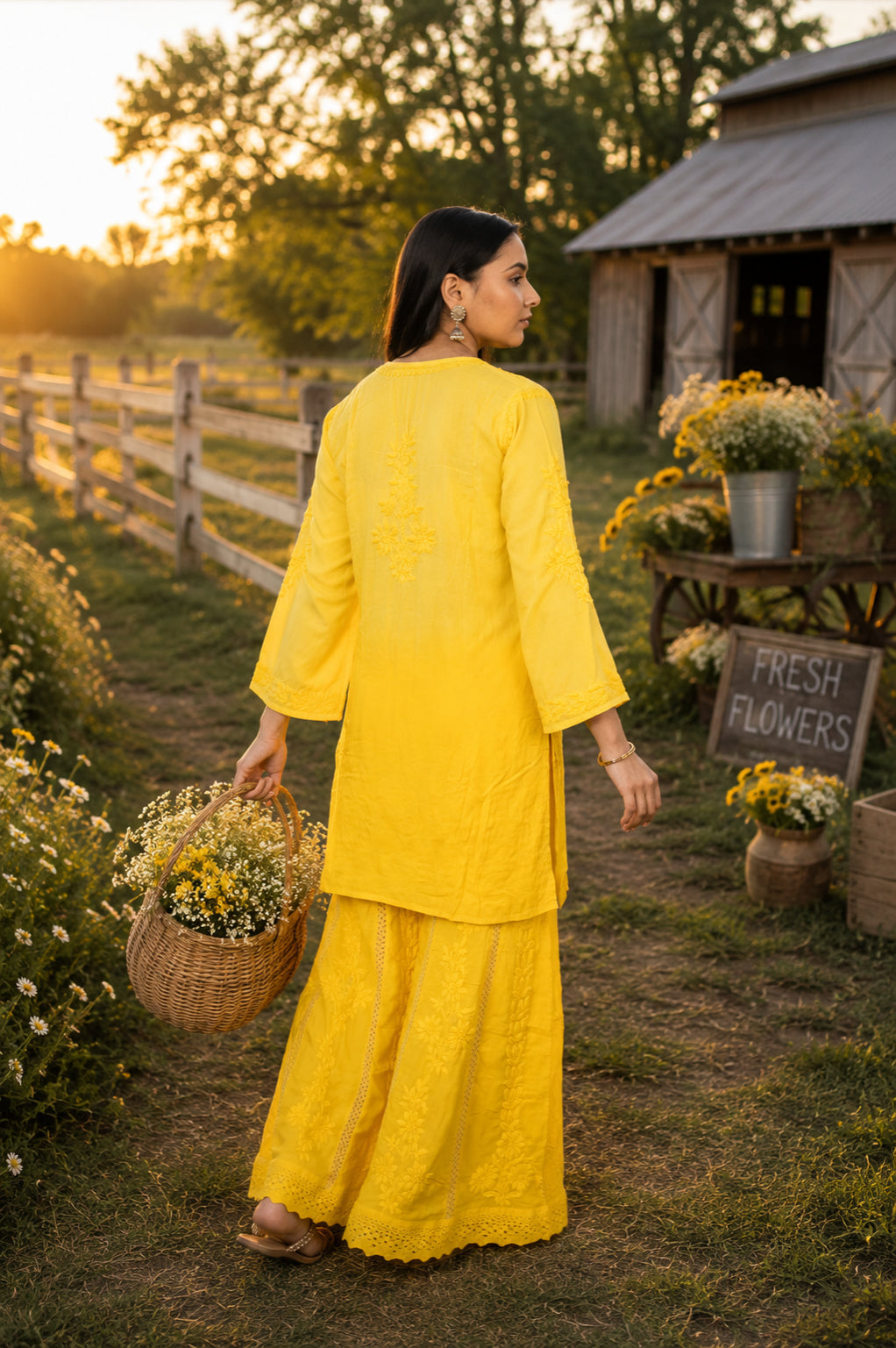 Relaxed Embroidered Shirt & Palazzo Set Yellow