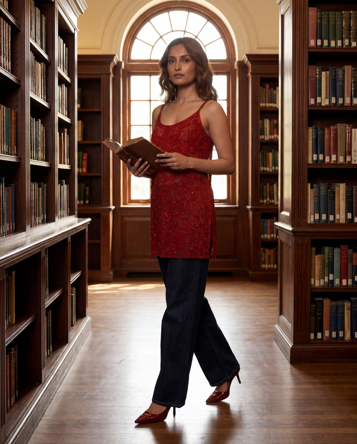 Scarlet Sheer Embellished Top Blood Red