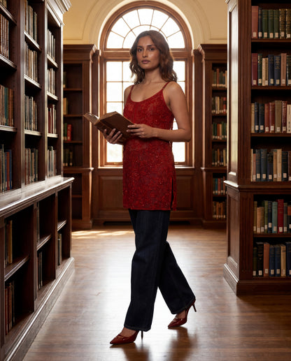 Scarlet Sheer Embellished Top Blood Red