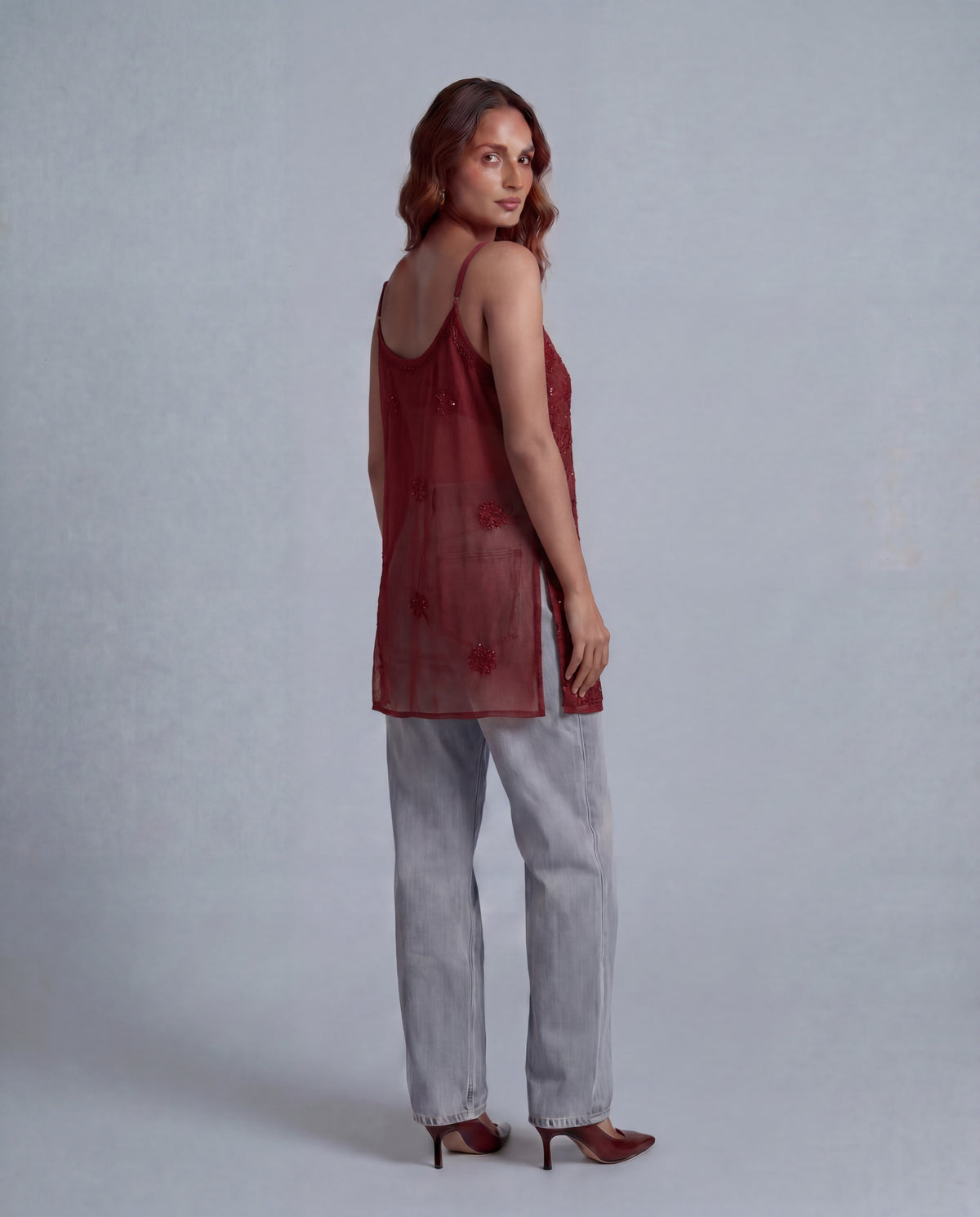Scarlet Sheer Embellished Top Wine