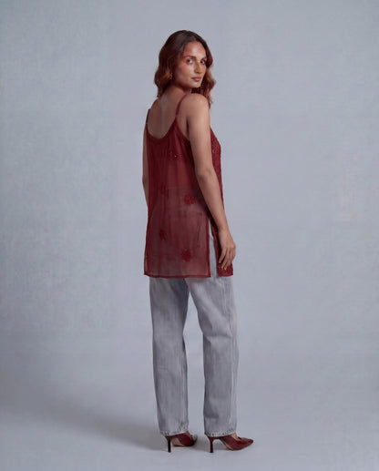 Scarlet Sheer Embellished Top Wine