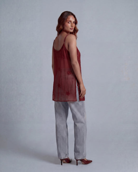 Scarlet Sheer Embellished Top Wine