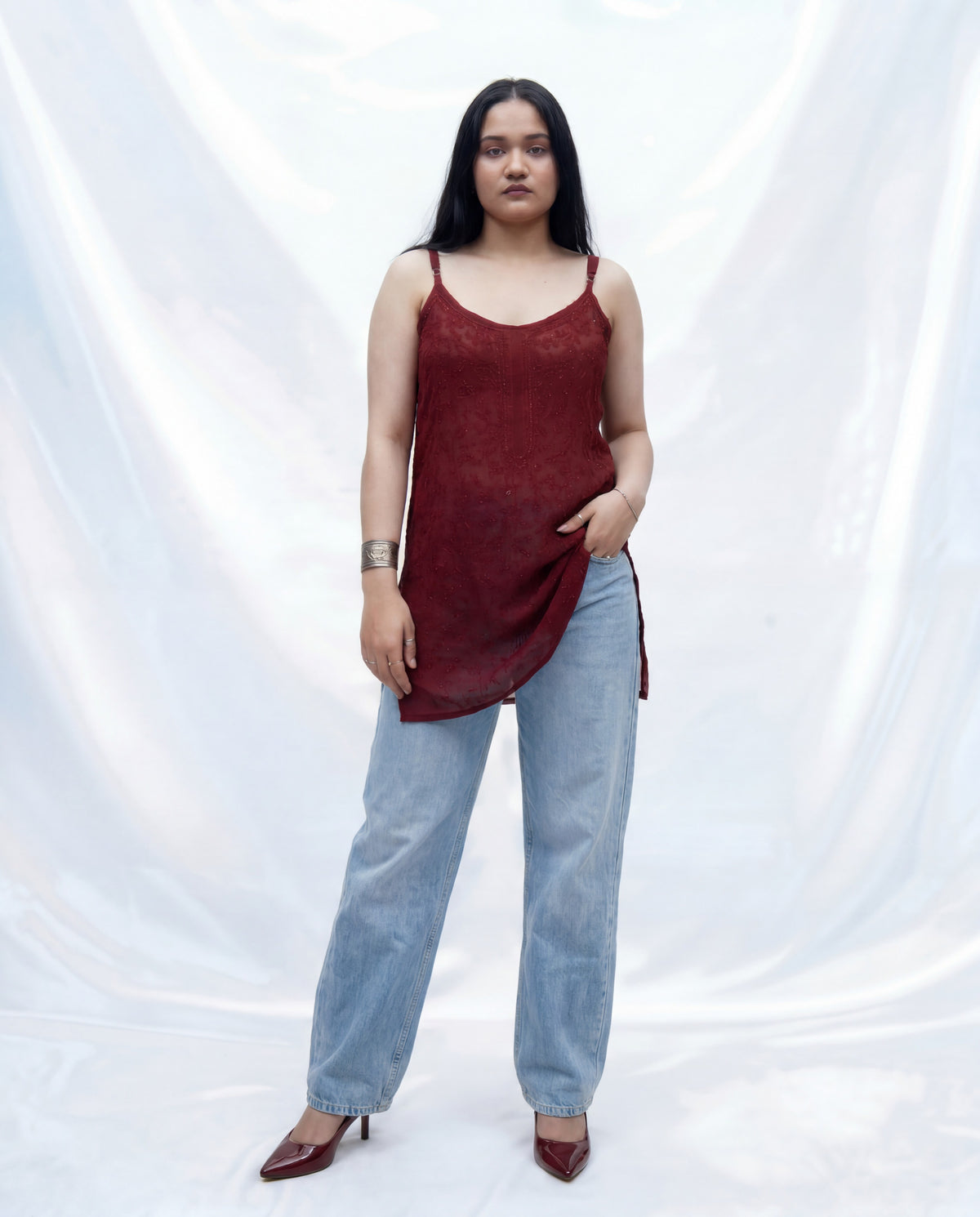 Scarlet Sheer Embellished Top Wine