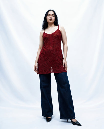 Scarlet Sheer Embellished Top Wine