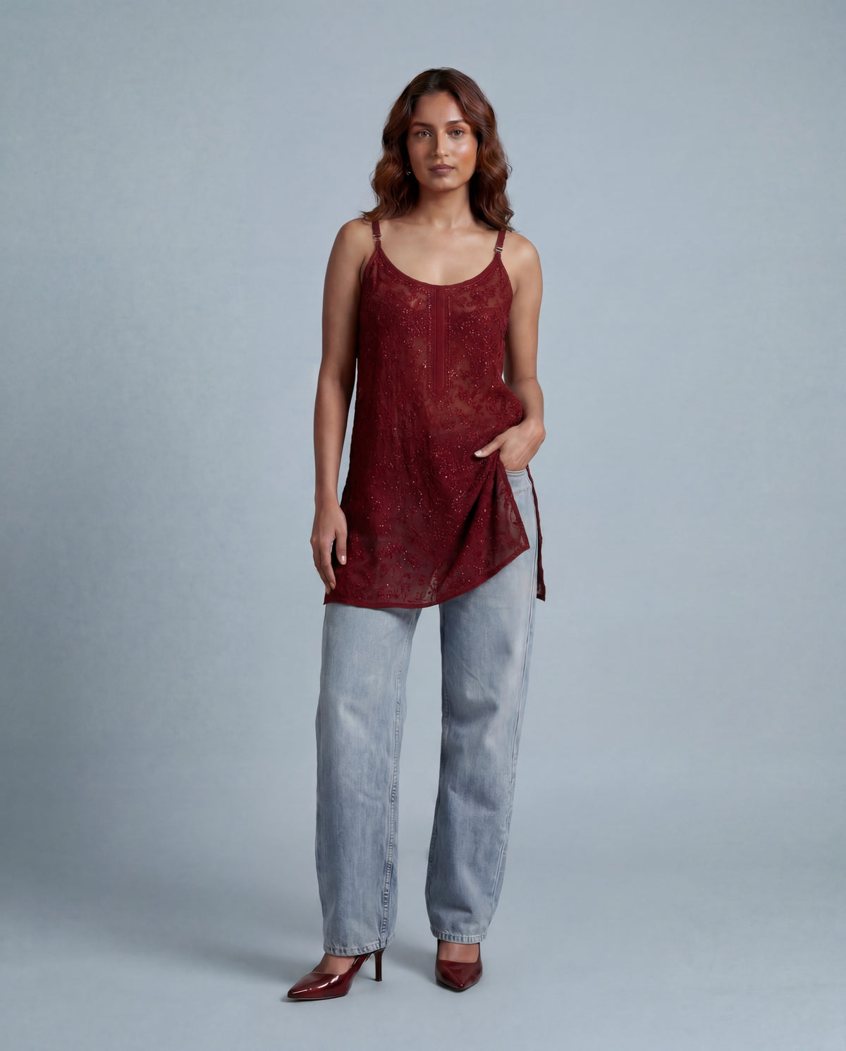 Scarlet Sheer Embellished Top Wine